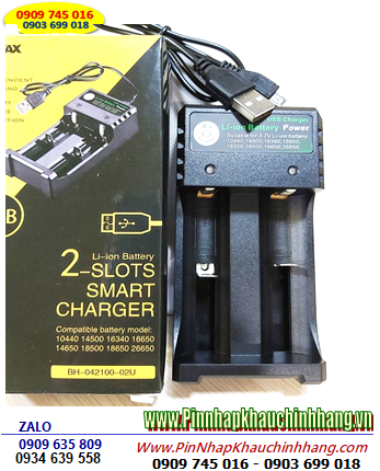 BMAX BH-042100-02U _Máy sạc 02viên Pin Lithium 3.7v-4.2v 18650, 18350, 14500, 16340, CR123A..),CÁP USB